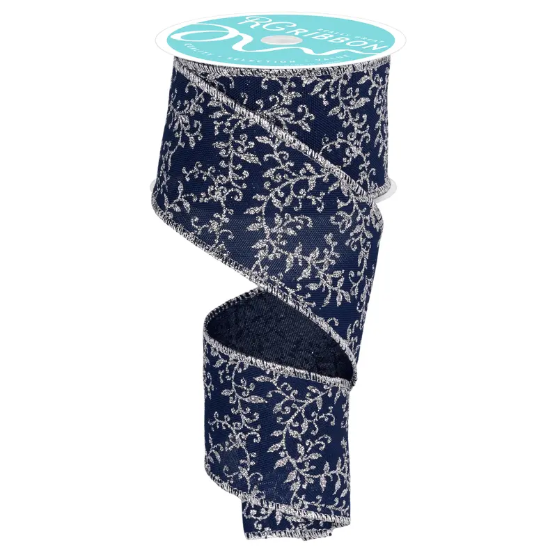 10 Yards of Navy Blue & Silver Glitter Vine Ribbon