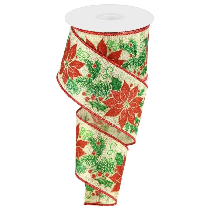 10 Yards of Poinsettias, Pine Cones & Berries on Gold Ribbon