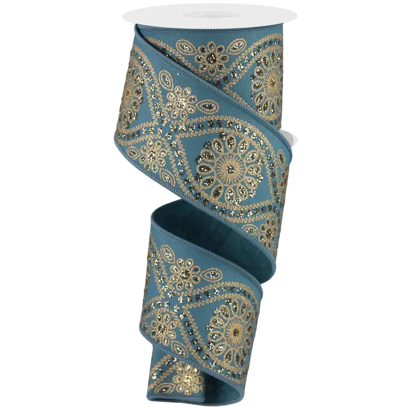 10 Yards of Smoke Blue & Gold Deluxe Wavy Floral Ribbon