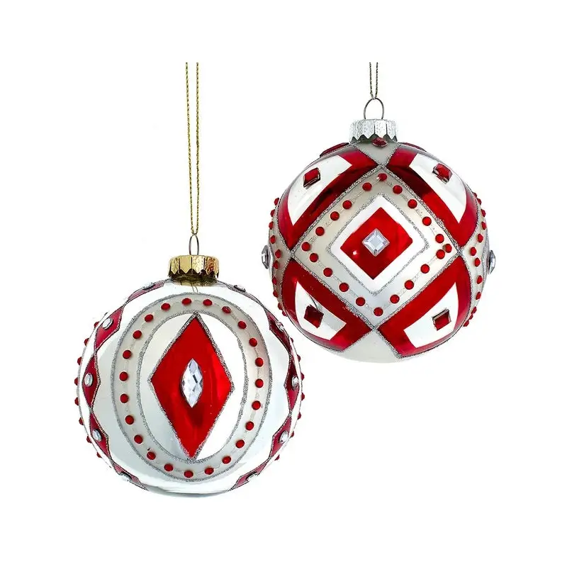 100MM Glass Red & Silver Ball Ornament with Gemstones