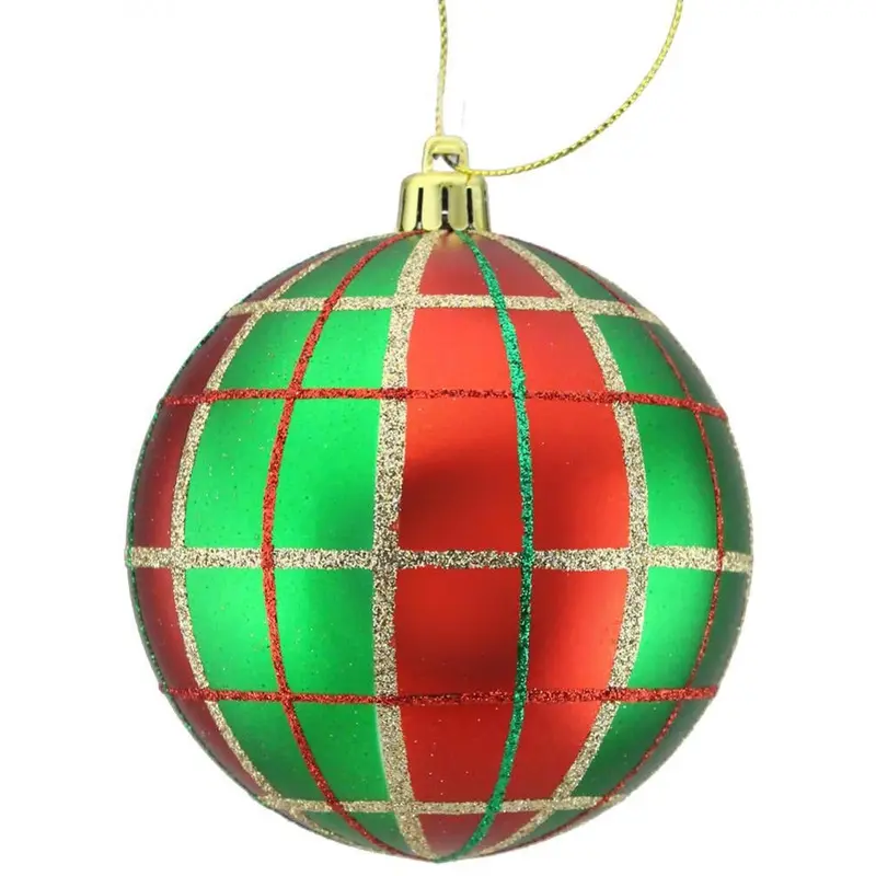100MM Red, Emerald & Gold Painted Plaid Glitter Ornament
