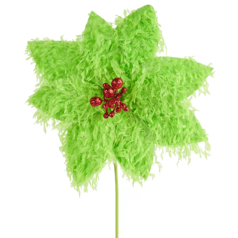 13" Furry Lime Green & Red Poinsettia Pick Spray