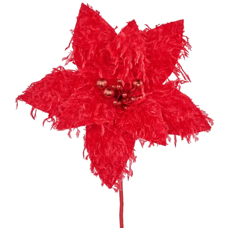 13" Furry Red Poinsettia Pick Spray