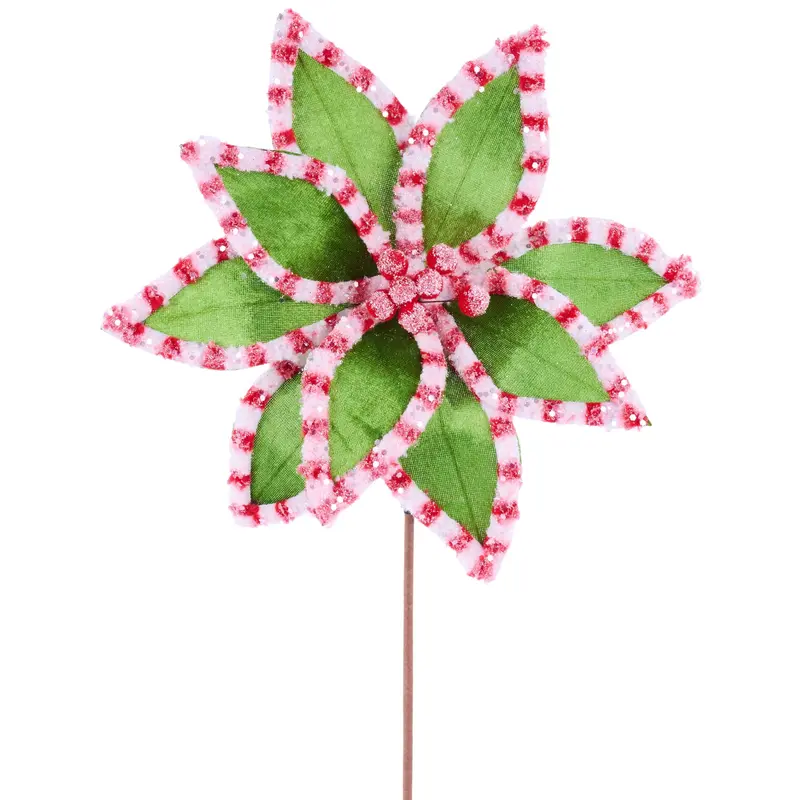 20" Pink, Red & Green Glitter Candy Poinsettia Stem