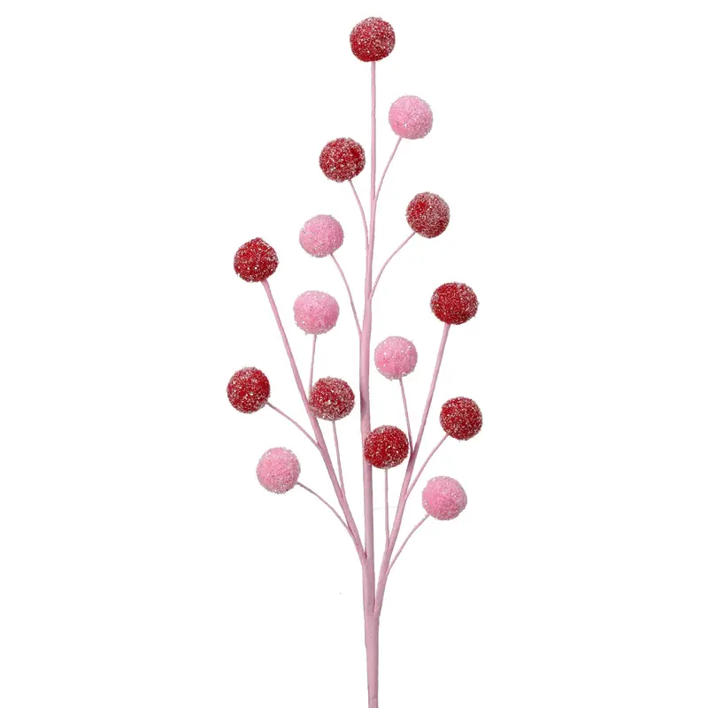 21" Pink & Red Snow Glitter Pompom Stem