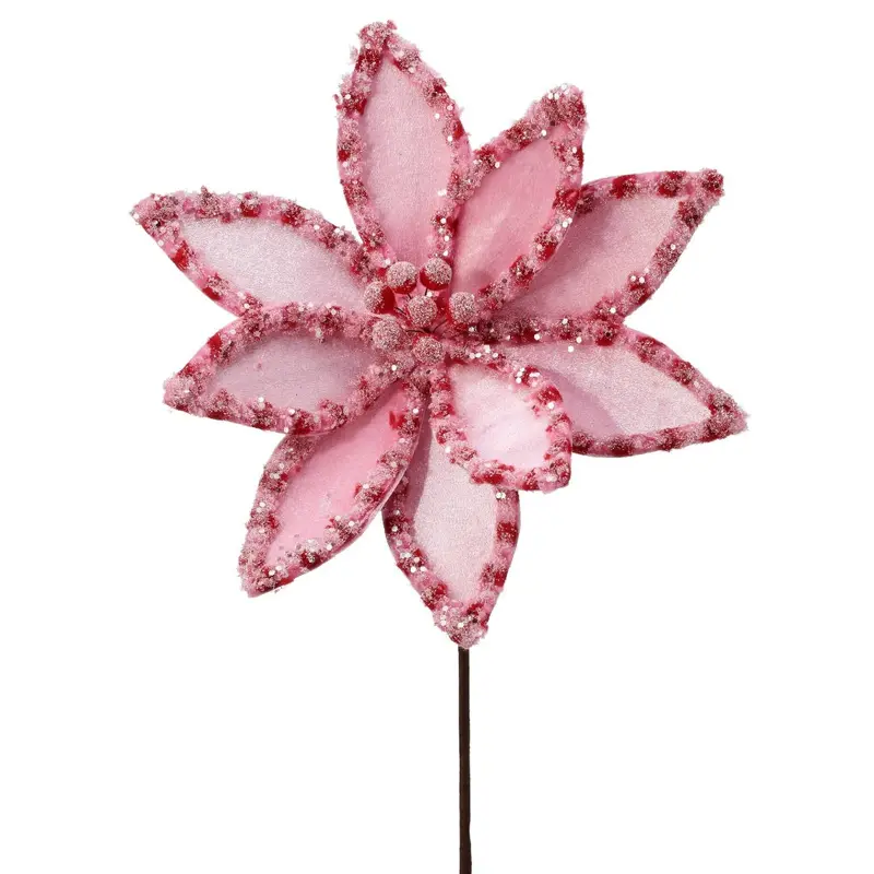 22" Pink & Red Snow Glitter Candy Poinsettia Stem