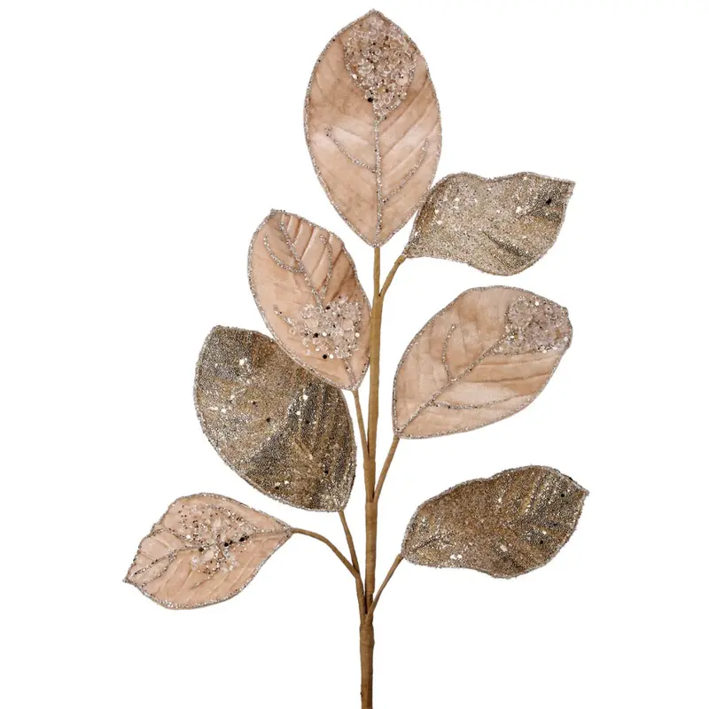 26" Glittered Champagne Velvet Salal Leaf Pick Spray