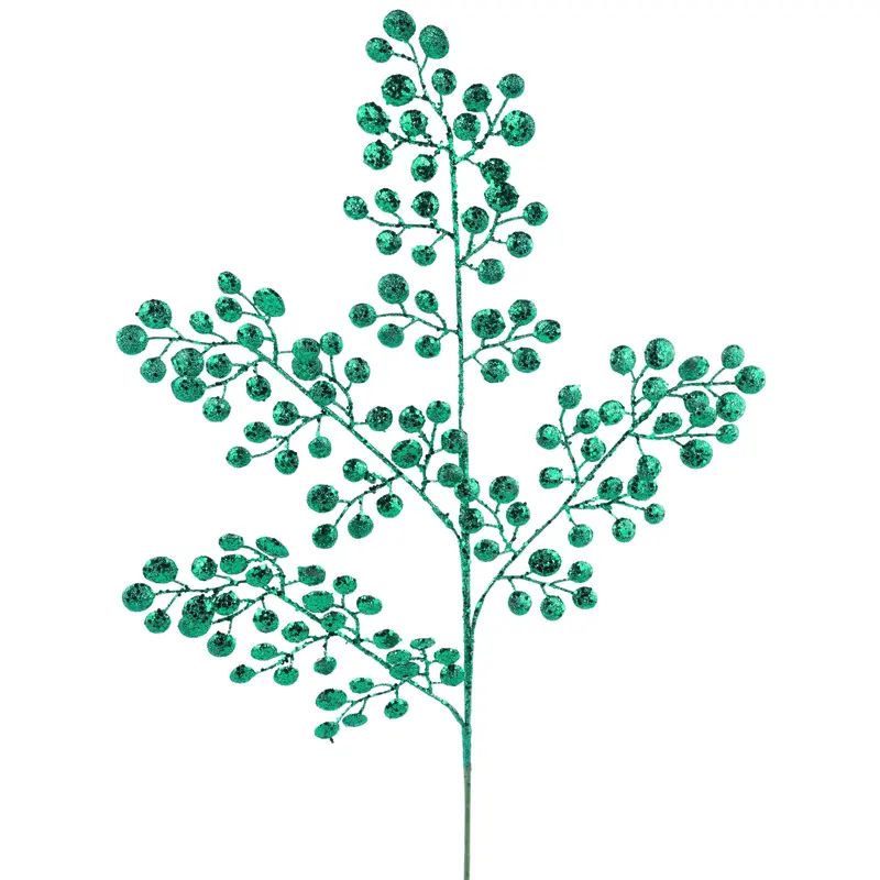 33" Emerald Green Glittered Round Leaf Stem Spray