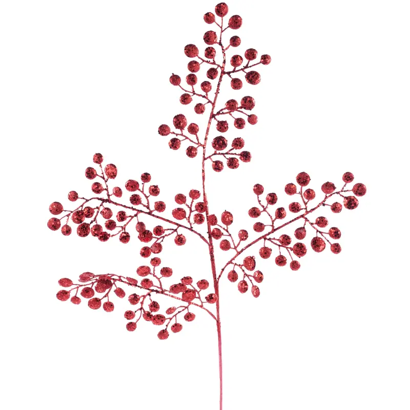 33" Red Glittered Round Leaf Stem Spray