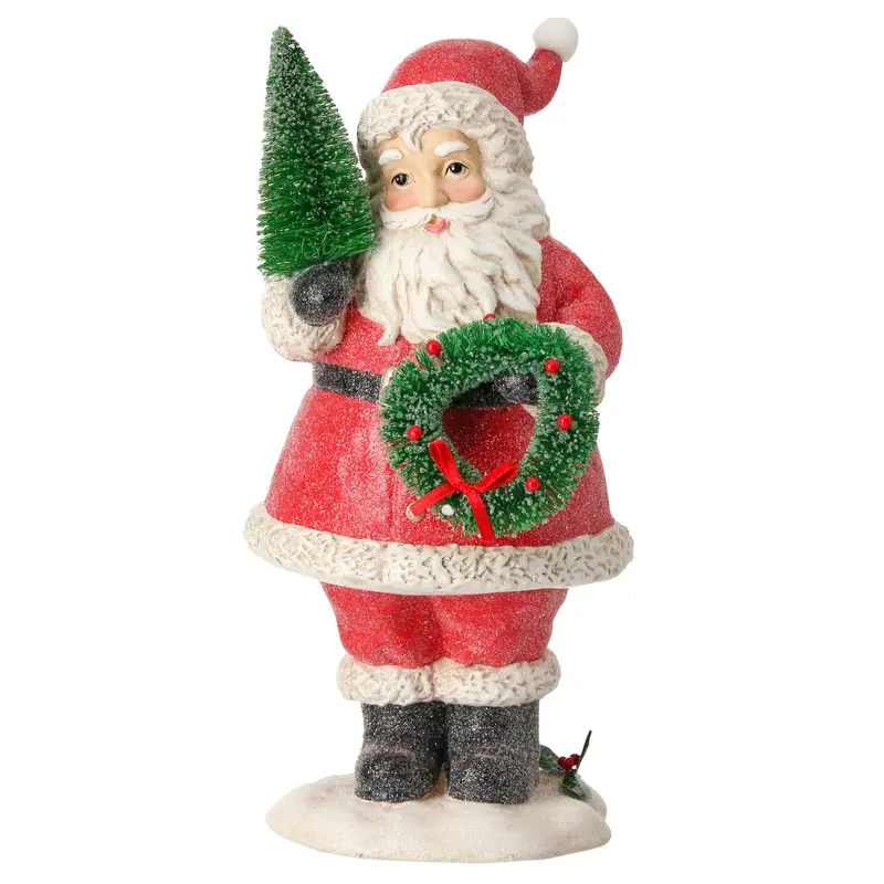 4.5" Frosted Santa Ornament with Tree & Wreath
