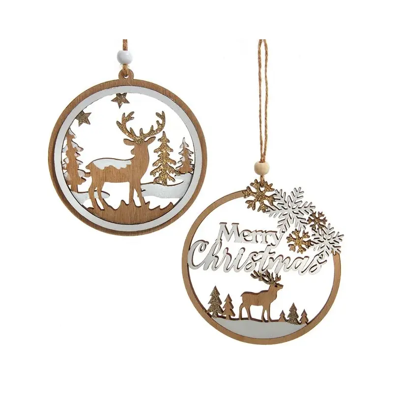 4.5" Wooden Round Glittered Christmas Scene Ornament