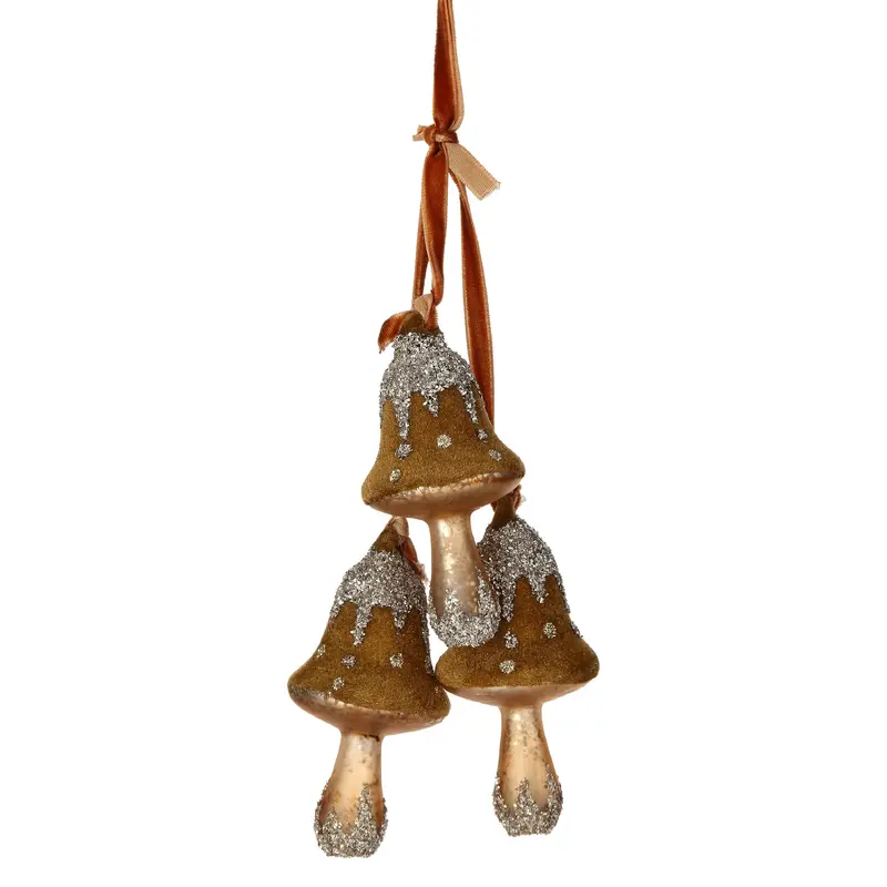 6.5" Aged Moss Brown Glittered Triple Glass Mushroom Ornament