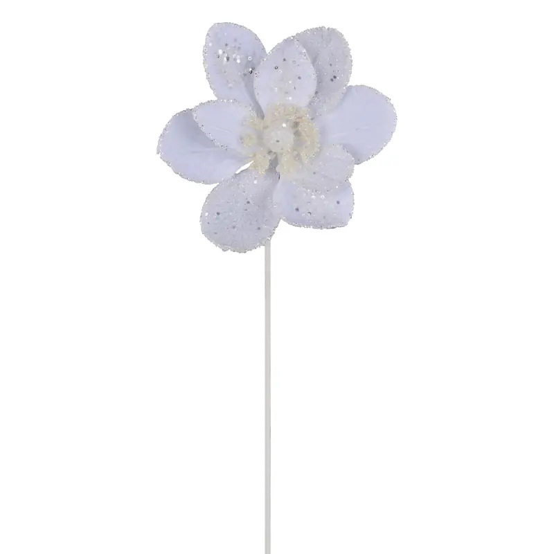 7" White Velvet Glitter Beaded Edge Magnolia Stem