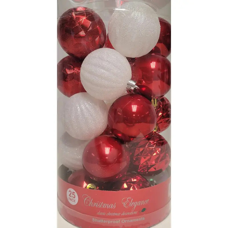 Pack of 25 Unbreakable 60MM Christmas Ornaments (Red/White)