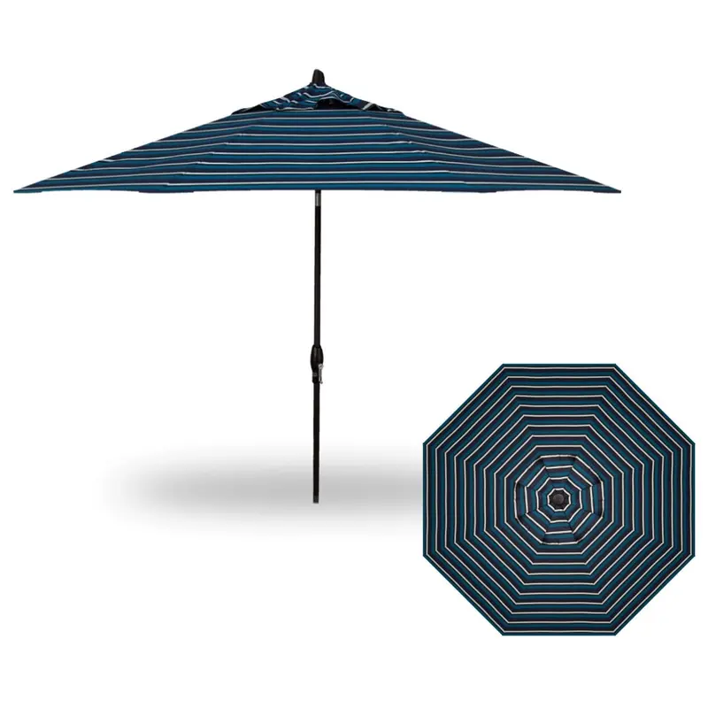 11' Auto Tilt Market Black Frame Providence Navy Stripe Canopy Umbrella