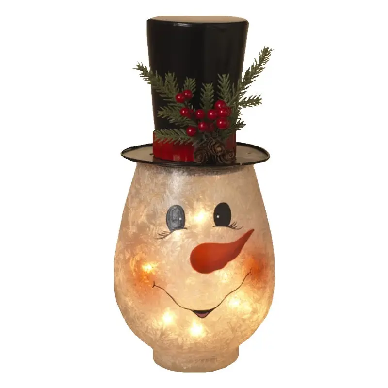 11" Lighted Metal & Frosted Glass Snowman Head with Pine & Berry Accent