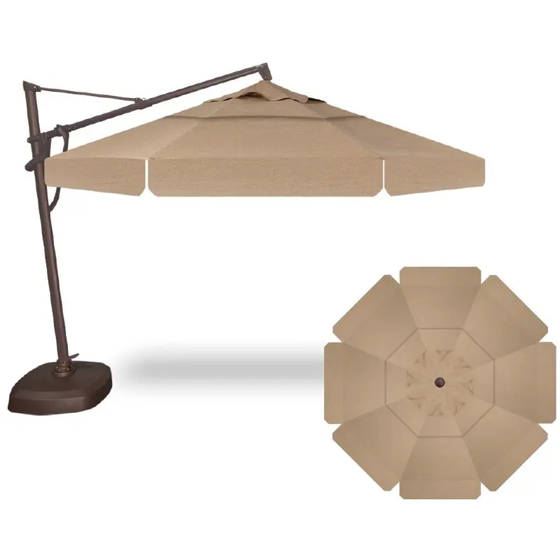 11' Octagon Cantilever Umbrella in a Bronze Frame with a Sesame Linen Canopy with Base