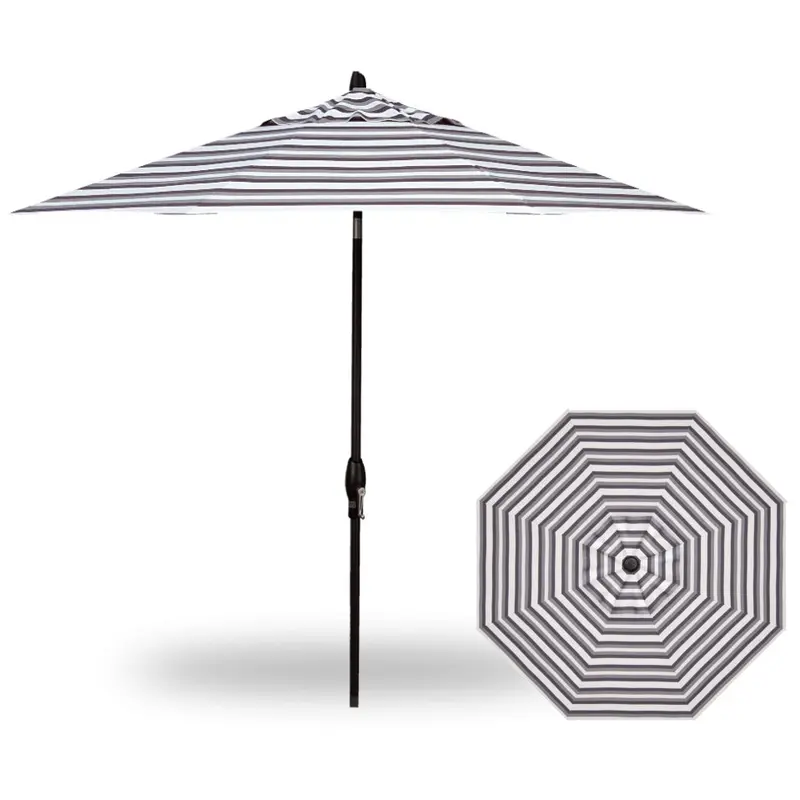 9' Auto Tilt Market Black Frame Ridge Stone Stripe Canopy Umbrella Thin Pole