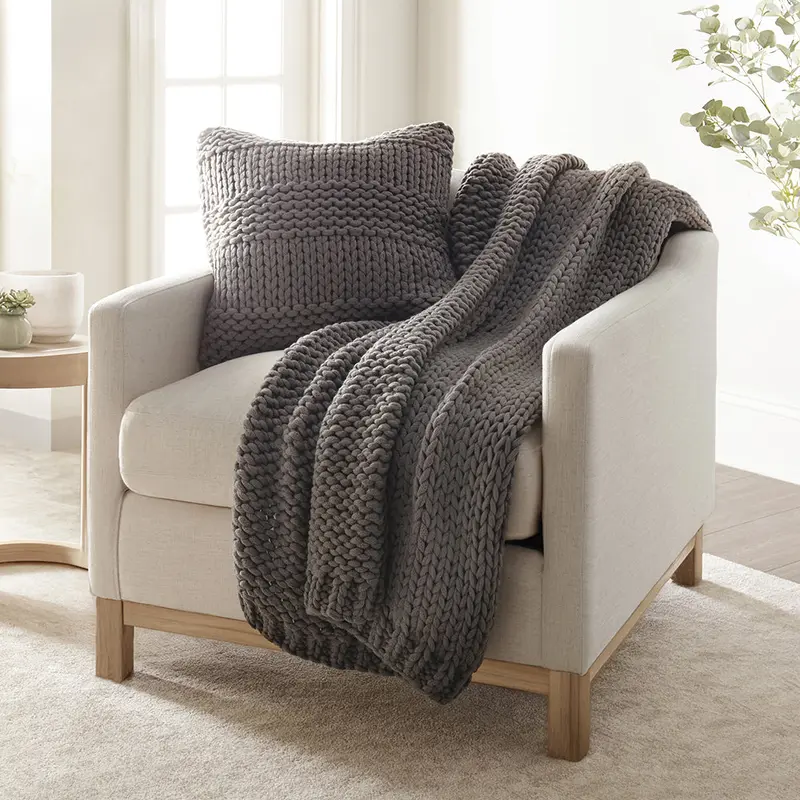 Chunky Knit Throw Blanket and Decor Pillow with Insert Bundle (Sale)