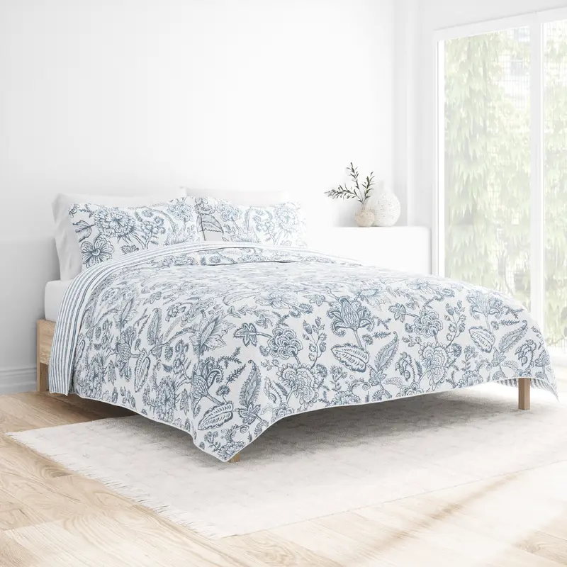 Jacobean/Stripe Reversible Quilted Coverlet Set (Sale)