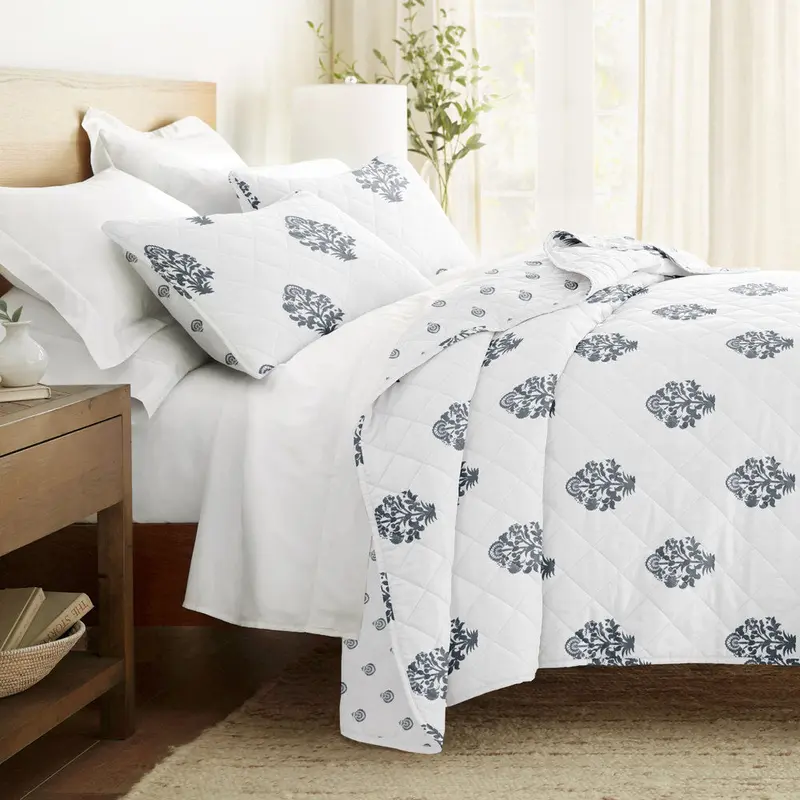 Stamped Bloom Reversible Quilted Coverlet Set (Sale)