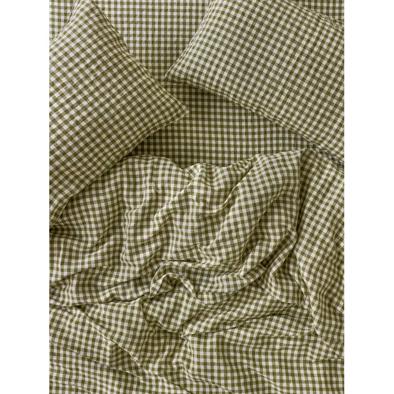 Botanical Green Gingham Linen Blend Duvet Cover