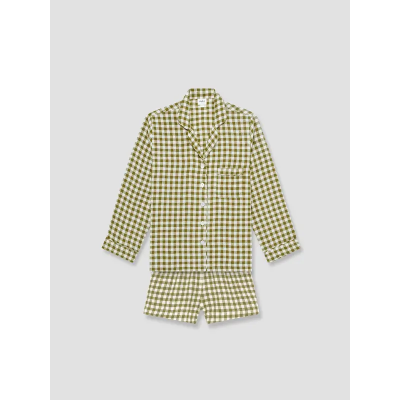Botanical Green Gingham Linen Pajama Shorts Set
