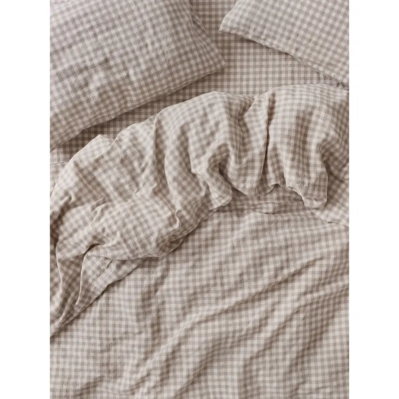 Mushroom Gingham 100% Linen Duvet Cover