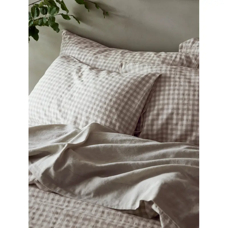Mushroom Gingham 100% Linen Pillowcases (Pair)