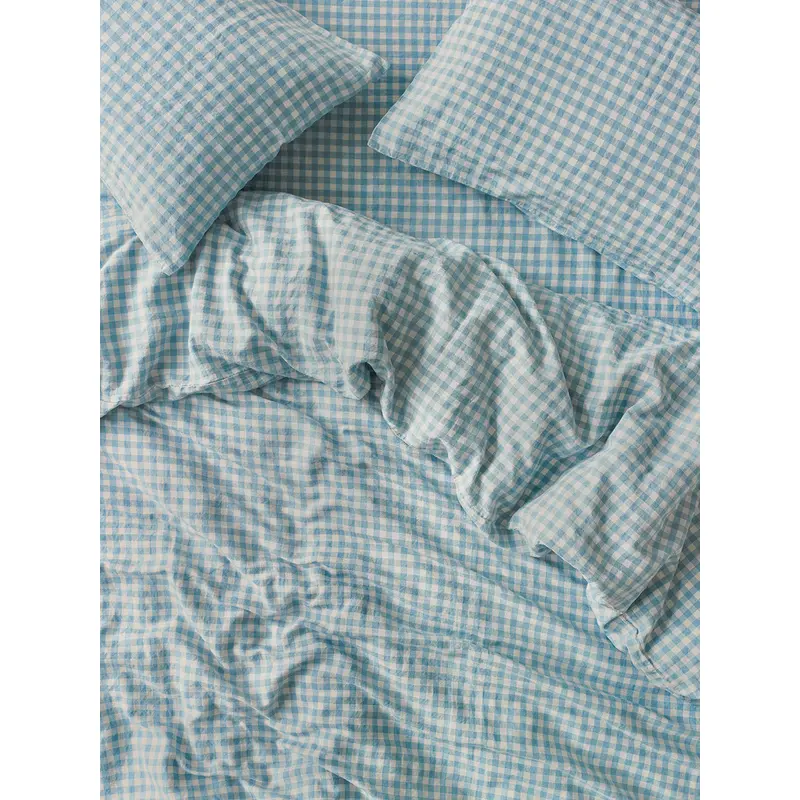 Warm Blue Gingham 100% Linen Duvet Cover