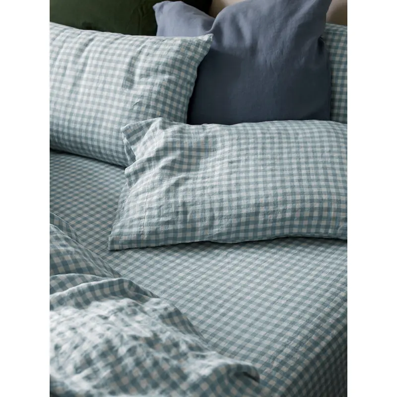 Warm Blue Gingham Linen Blend Fitted Sheet