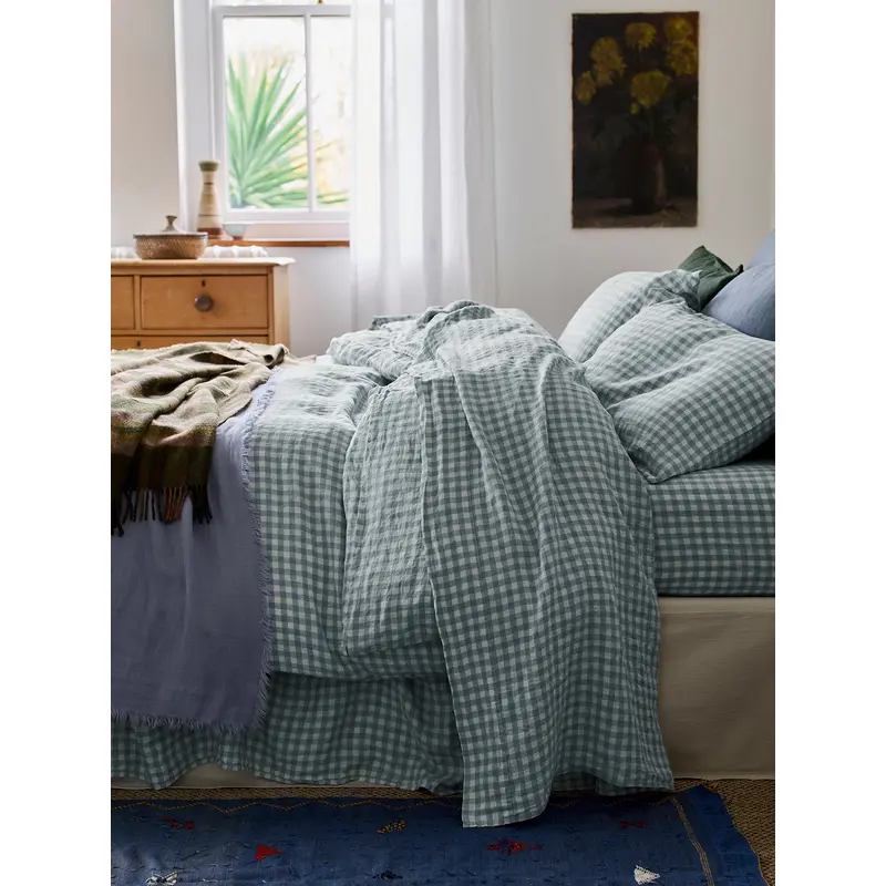 Warm Blue Gingham Linen Blend Flat Sheet