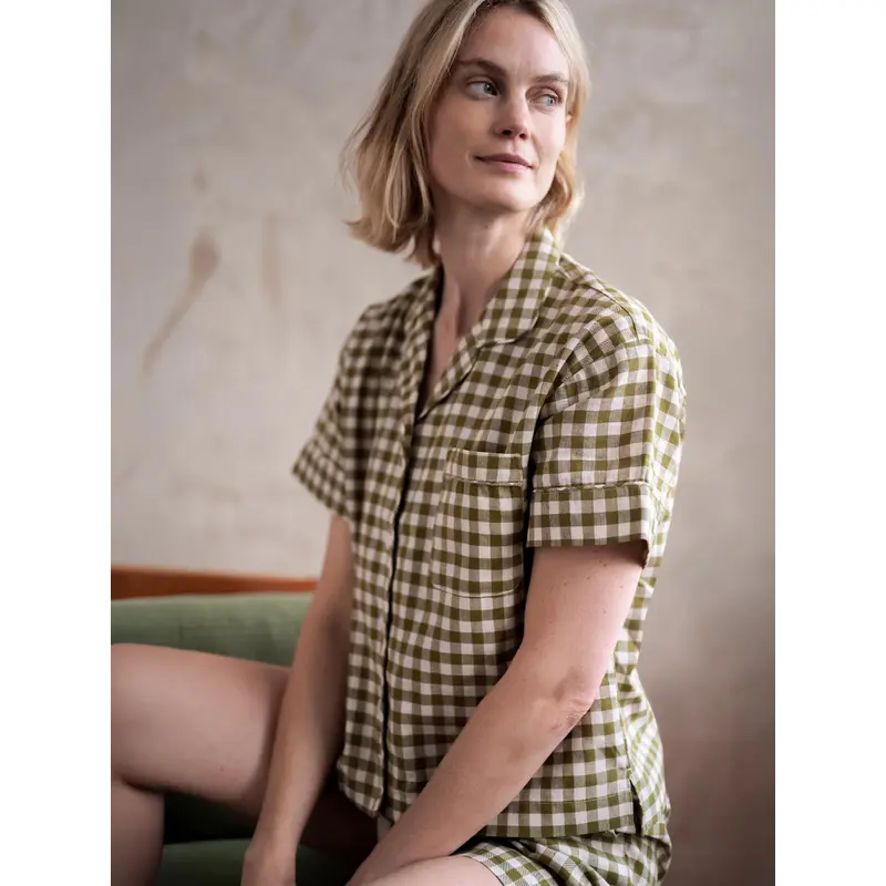 Botanical Green Gingham Linen Blend Pajama Short Set
