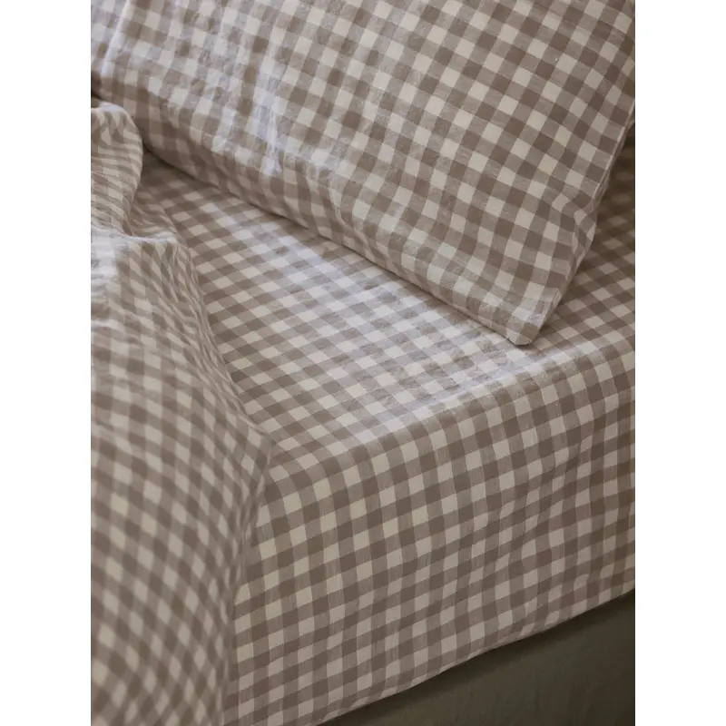 Mushroom Gingham Linen Blend Fitted Sheet