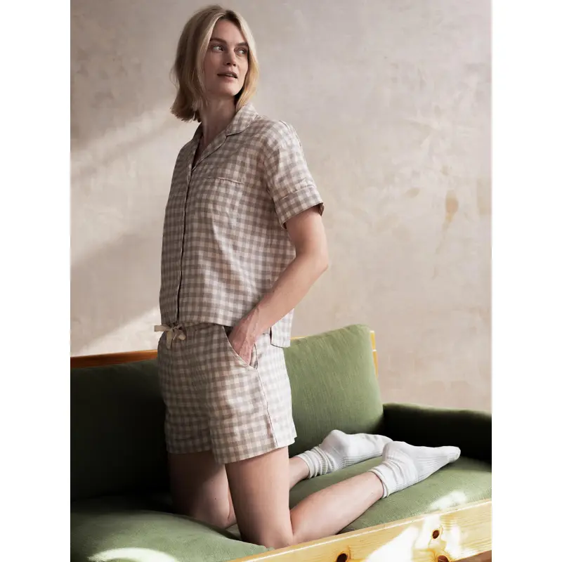 Mushroom Gingham Linen Blend Pajama Short Set