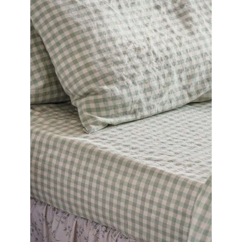 Sage Green Gingham Linen Blend Fitted Sheet