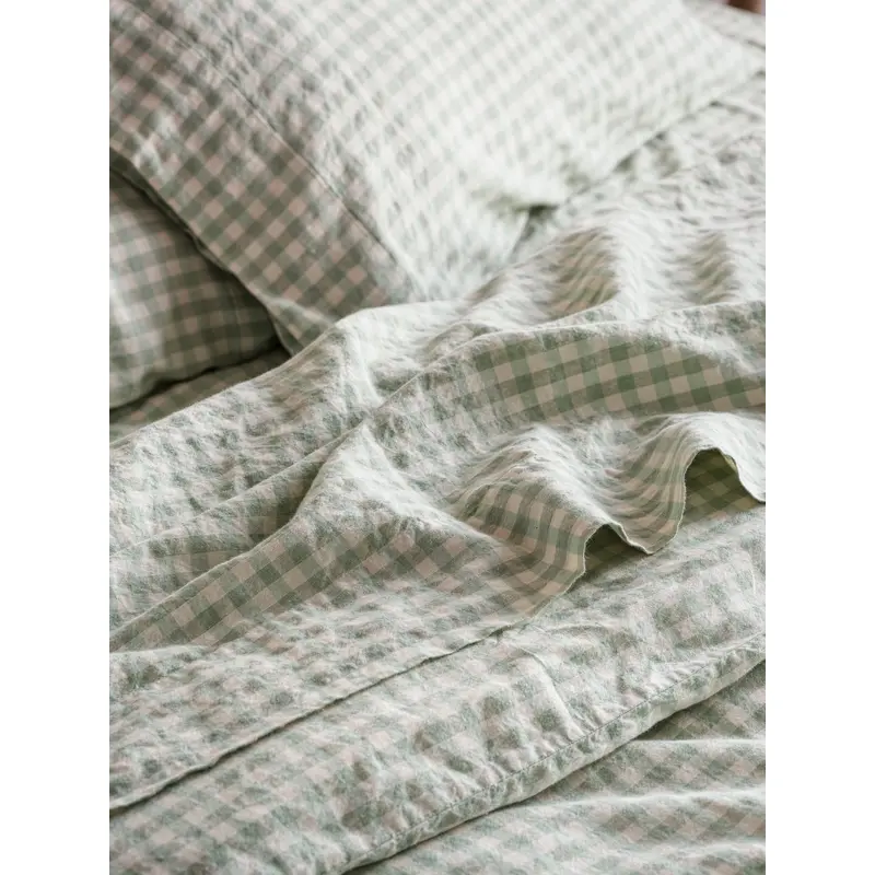 Sage Green Gingham Linen Blend Flat Sheet