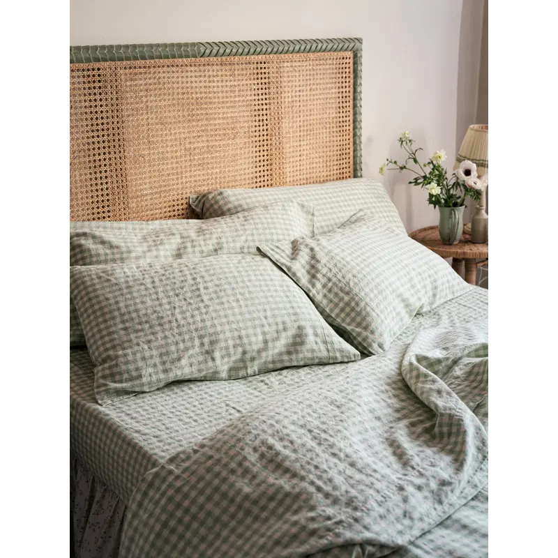 Sage Green Gingham Linen Blend Pillowcase (Pair)