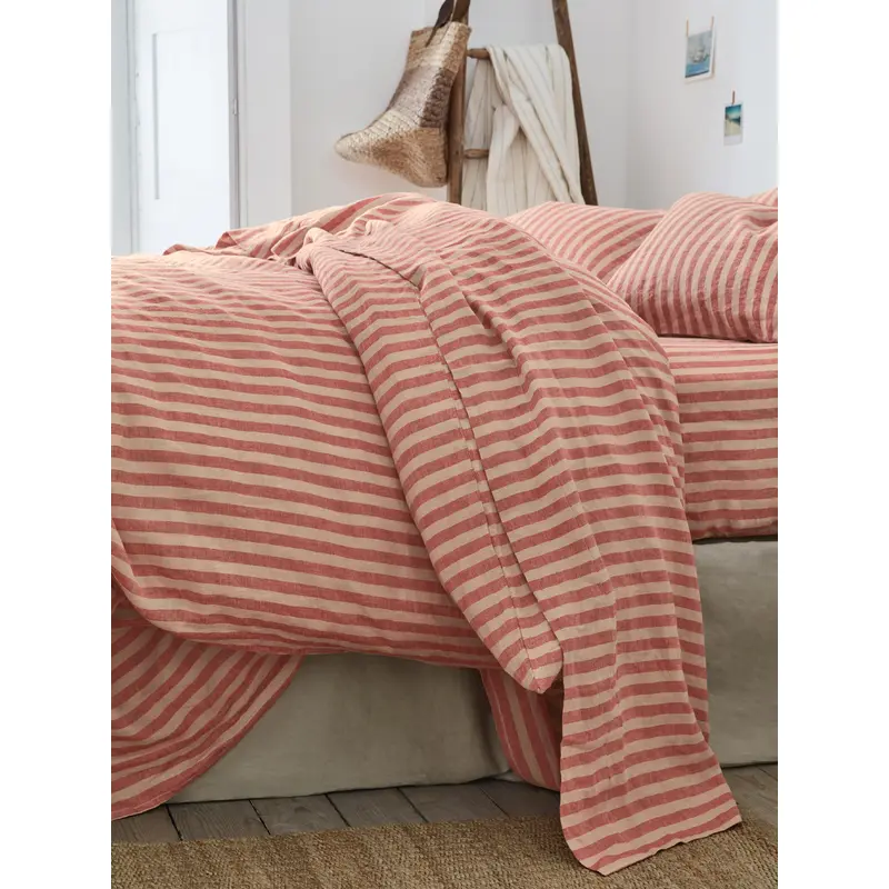 Sandstone Red Pembroke Stripe 100% Linen Flat Sheet