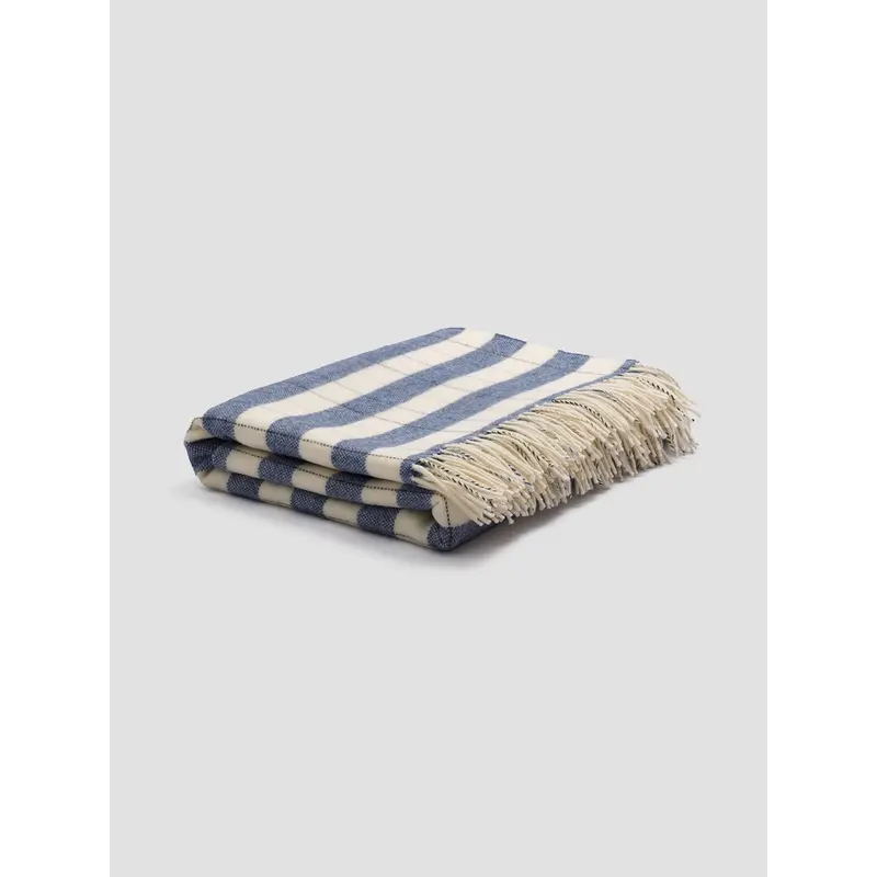 Warm Blue Checked Stripe Wool Blanket