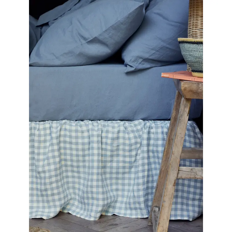 Warm Blue Gingham Linen Blend Bed Skirt
