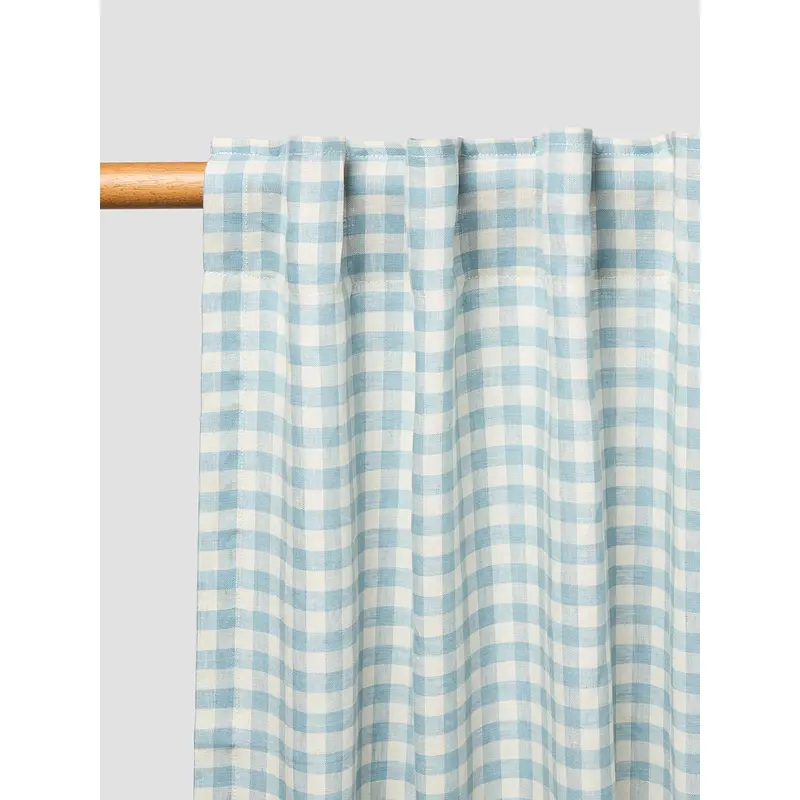 Warm Blue Gingham Linen Blend Curtains (Pair)