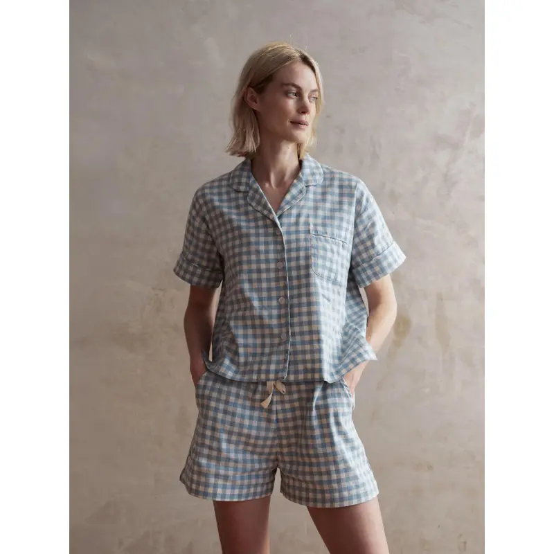 Warm Blue Gingham Linen Blend Pajama Short Set