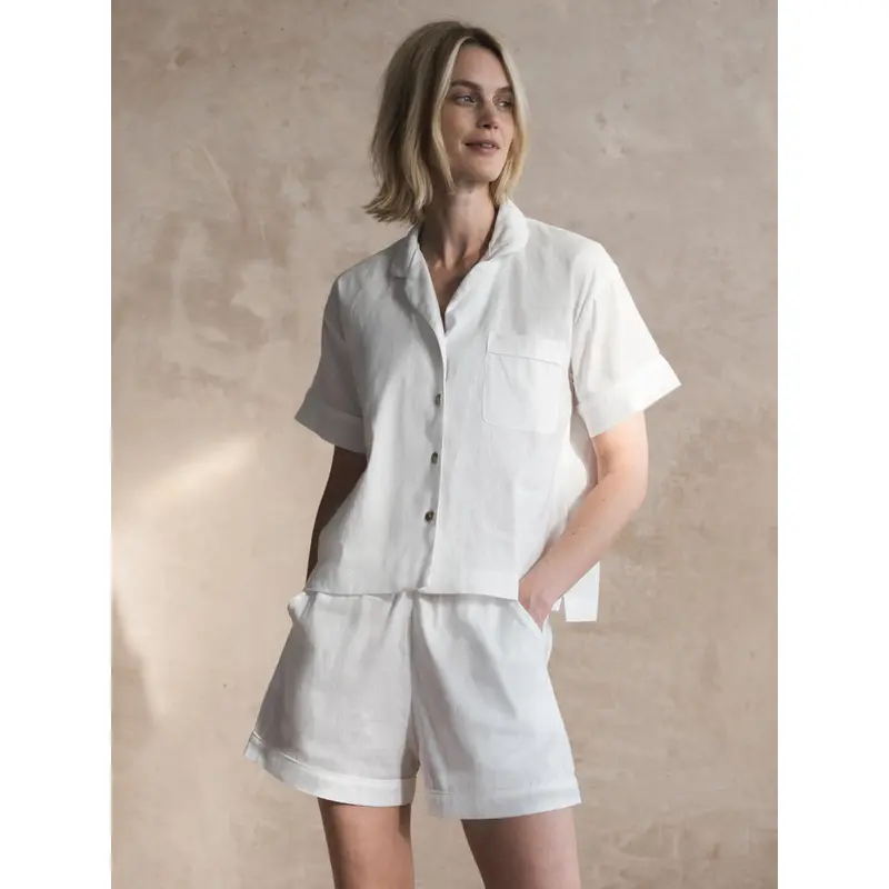 White Linen Blend Pajama Short Set