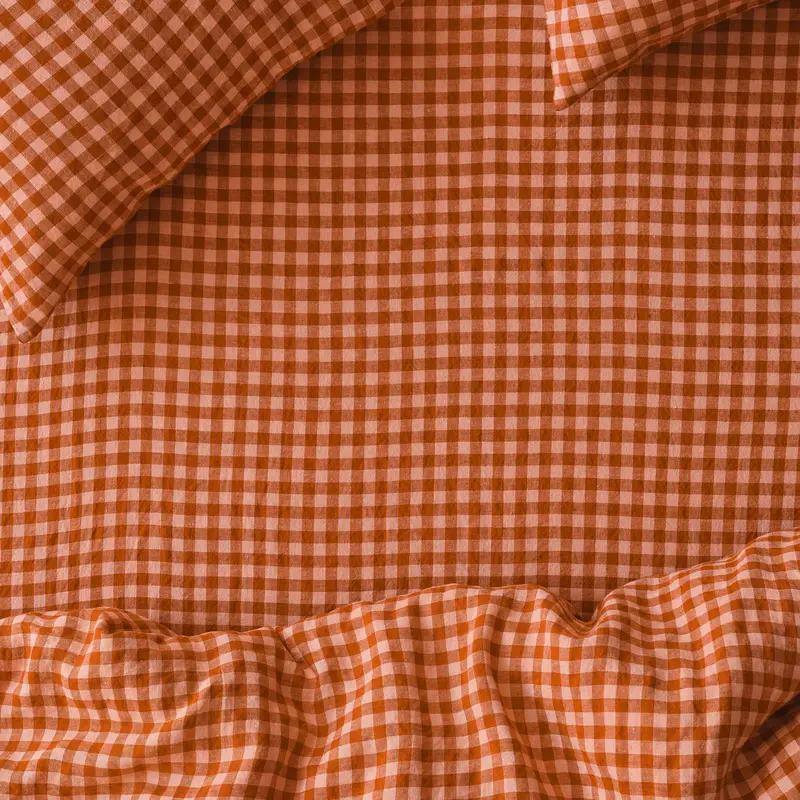 Cinnamon & Peach Color Drenched Gingham 100% Linen Fitted Sheet