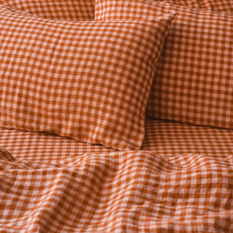 Cinnamon & Peach Color Drenched Gingham 100% Linen Pillowcases (Pair)