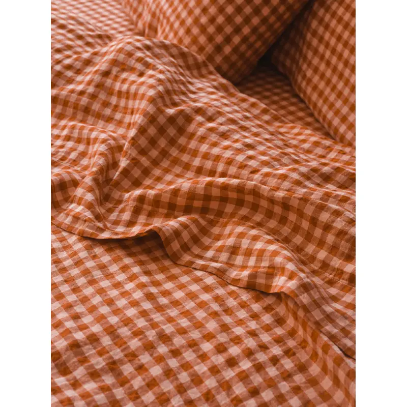 Cinnamon & Peach Colour Drenched Gingham Linen Blend Flat Sheet