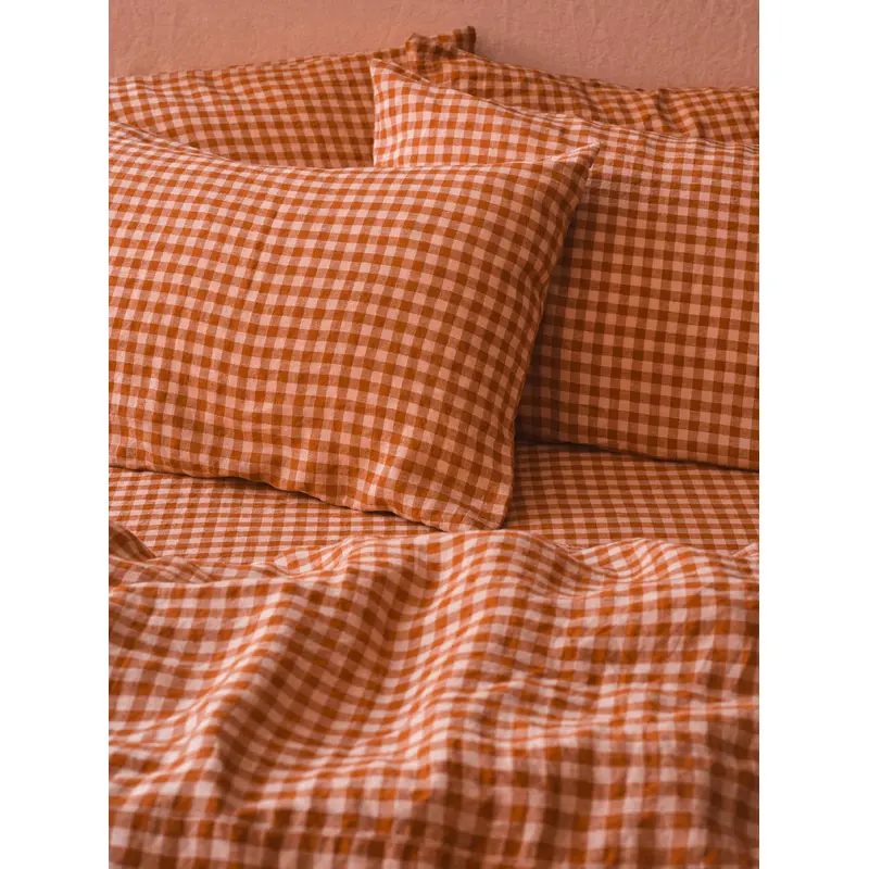 Cinnamon & Peach Colour Drenched Gingham Linen Blend Pillowcases (Pair)