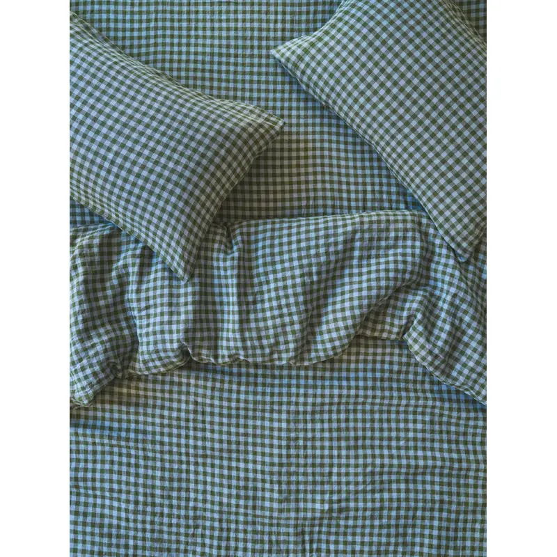 Fern Green & Dusk Blue Color Drenched Gingham 100% Linen Duvet Cover