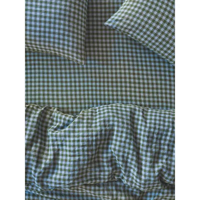 Fern Green & Dusk Blue Color Drenched Gingham 100% Linen Fitted Sheet
